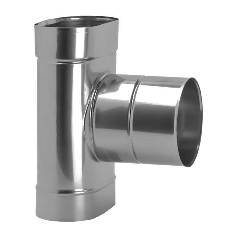 Ovālās skursteņa čaulas t-gabals 90° 110×230 ar Ø130 izeju platajā pusē (1mm) – OTK110X230/130-90