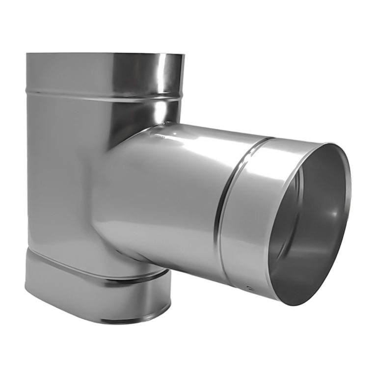 Ovālās skursteņa čaulas t-gabals 90° 120×240 ar Ø140 izeju šaurajā pusē (1mm) – OTK120X240/140-90-B